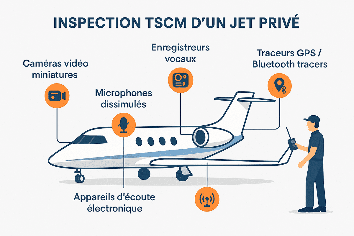 Zones d'inspection TSCM dans un jet privé